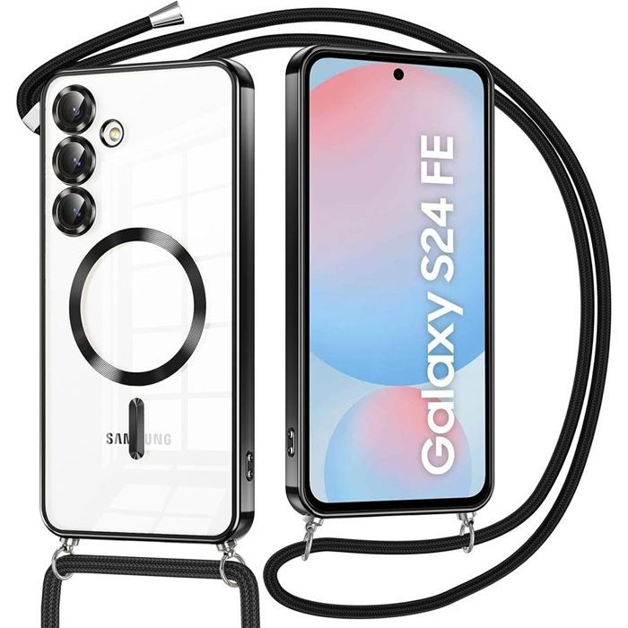 Coque pour Samsung Galaxy S24 FE, Protection avec Cercle Magnétique Film Caméra et Cordon Noir