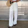 Women Pants Elastic High Waist Wide Leg Casual Trousers Pure Color Hollow Embroidery Casual Trousers with Liner Daily Wear