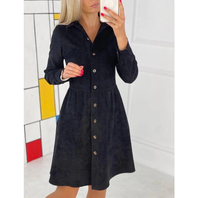 Spring Autumn Long Sleeved Corduroy Shirt Dress Single-breasted Loose Casual Shirt A-line Slim Fit Party Dresses Fashion Elegant Office Lapel Clothing