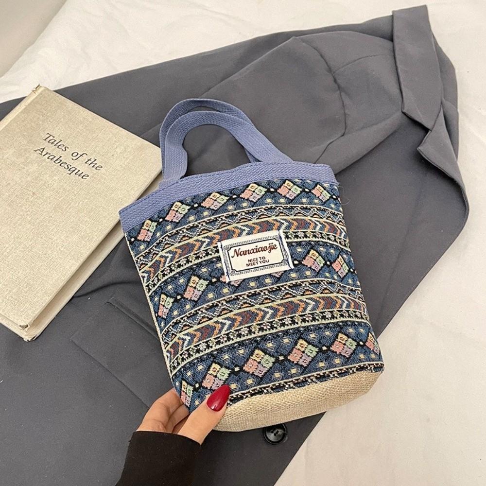 New Hand-Carrying National Style Tote Bag Flower Printed Linen Bohemian Handbag Lightweight Underarm Bag Women