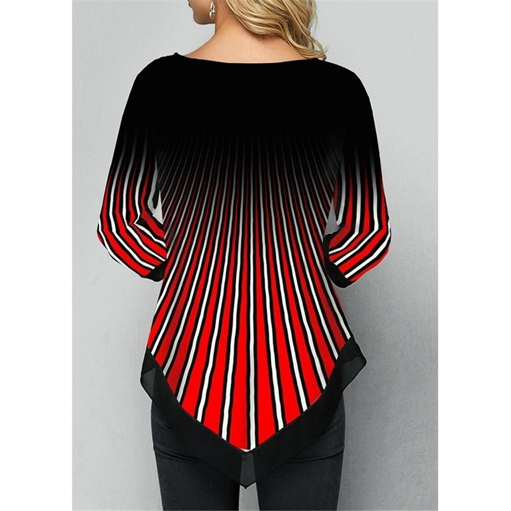 Nowa Damska Koszulka Casual z Nadrukiem z Nieregularnym Dołem, Okrągłym Dekoltem i Rękawami 3/4, Plus Size, Jesienna Luźna Bluzka Pulower