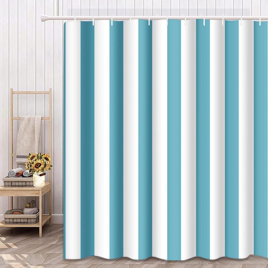 Türkis und Weiß Vertikaler Streifen Duschvorhang 160X180cm Küstenstil Badezimmerdekoration