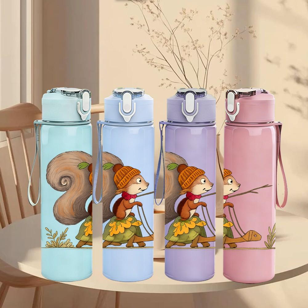 1PC Squirrel Archer Cartoon 750ml Color Plastic Sports Water Bottle Leakproof Flip Straw Lid Suitable for Sports Office Home Use