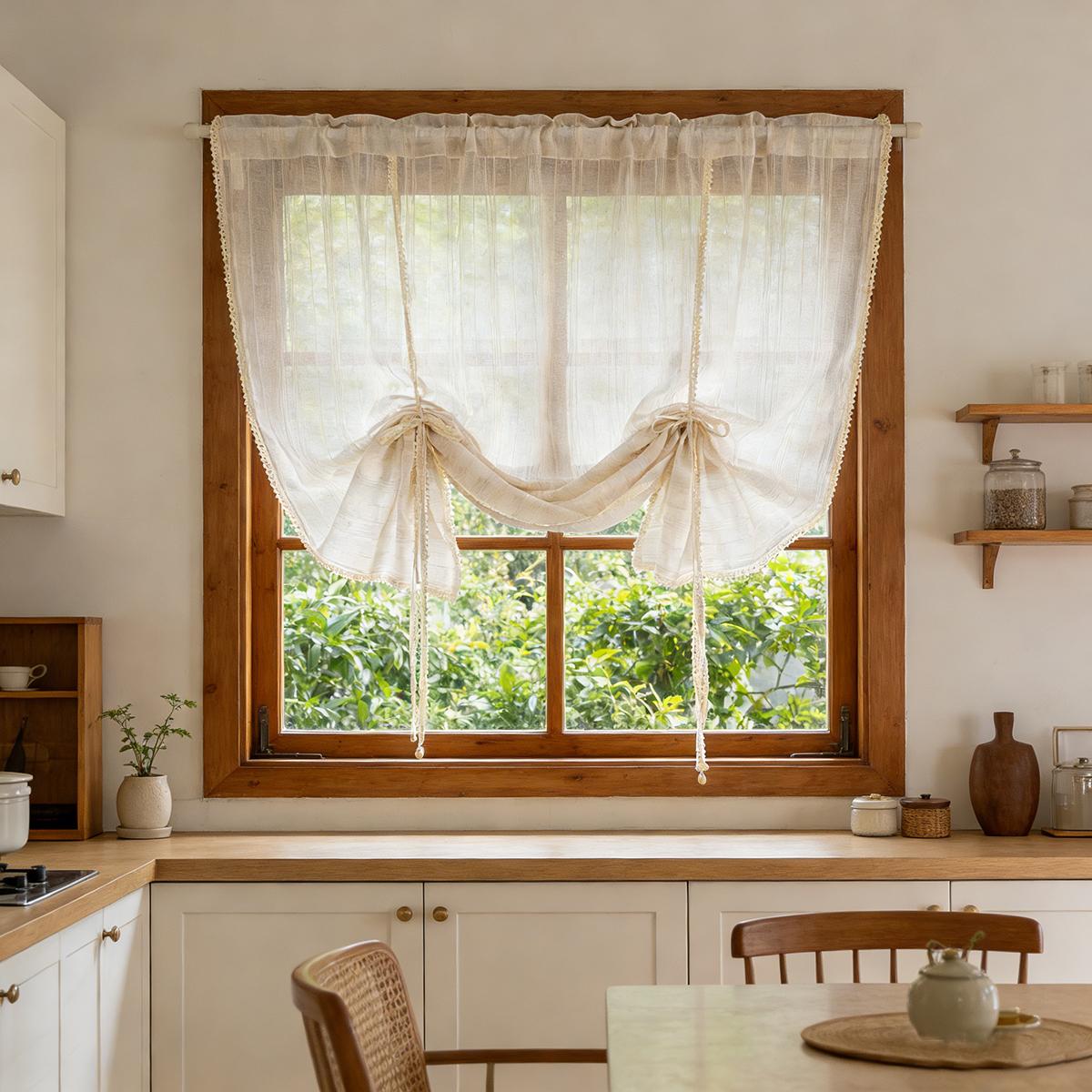 Japanse Retro Strepen Verstelbare Vetersluiting Verduisteringsgordijnen met Parels en Druppelvormig Touw Hanger Versiering, Boho Doorzichtige Gordijnen Klein Raam 1PC W100 X H100CM&Rod pocket