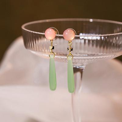 1 Par Pendientes Colgantes Estilo Chino Elegantes Nobles Faux Jade Calcedonia Cuentas Pendientes Colgantes