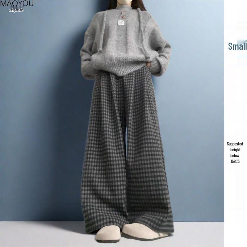 

High-Waisted Fleece-Lined Gray-Black Plaid Wide-Leg Pants, Autumn/Winter 2025 Collection M 48-55 kg