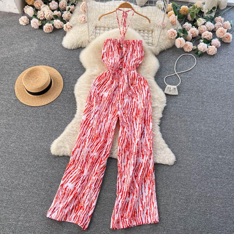 Spring and Summer New Holiday Travel Hot Street Tie-Dye Sling Fashion Chiffon Drape Halter Wide Leg One-Piece Long Pants