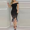 Women's Off Shoulder Glitter Star Print Midi Bodycon Dress Sleeveless Ruffled Irregular Hem Slit Formal Cocktail Party Dress