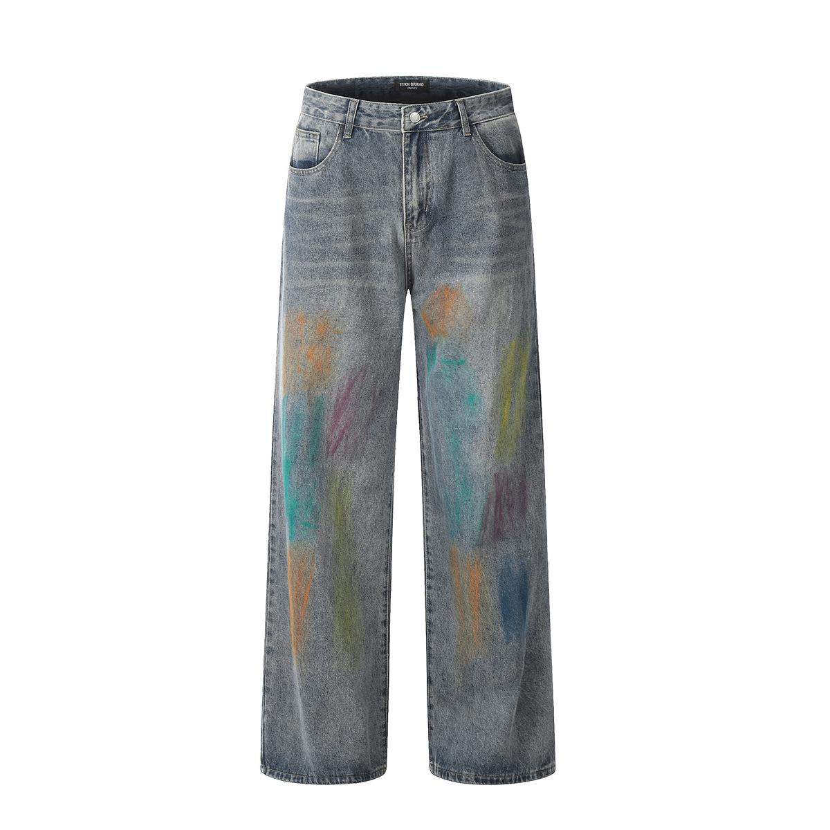 

2024 Women s Blue Wide-Leg Painted Denim Jeans: Retro Streetwear, Slimming, Floor-Length Double Extra Large