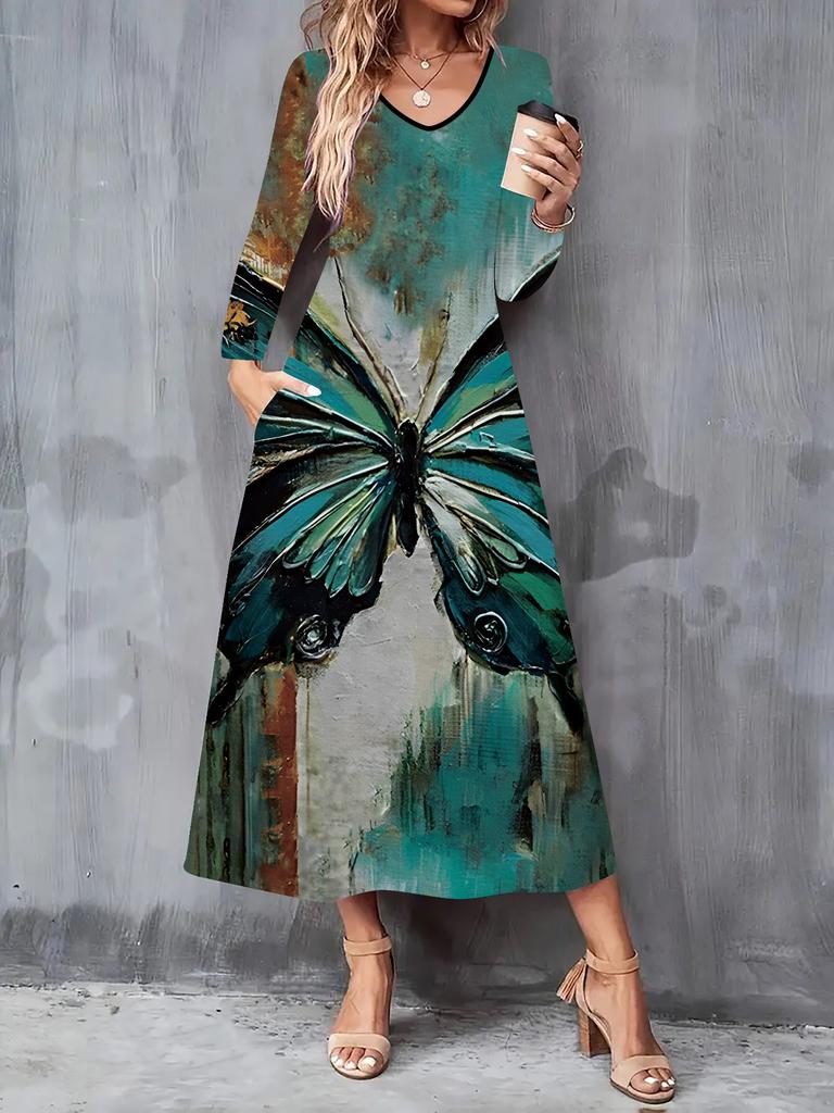2025 Autumn and Winter New Women Casual Fashion Dress 3D Butterfly Print  Long Sleeve V-Neck A-Line Dresses