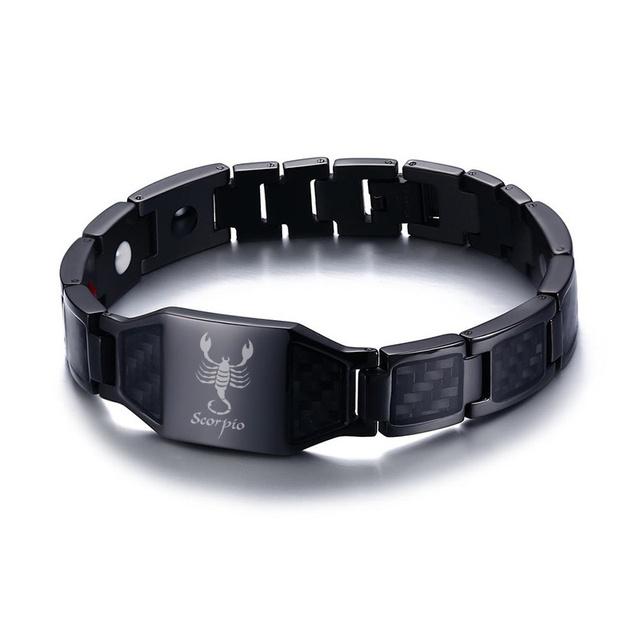 

Налаштуйте чоловічий чорний браслет із вуглецевого волокна та біотерапії з нержавіючої сталі з гравіюванням 12 сузір’їв. Чоловічі коштовності