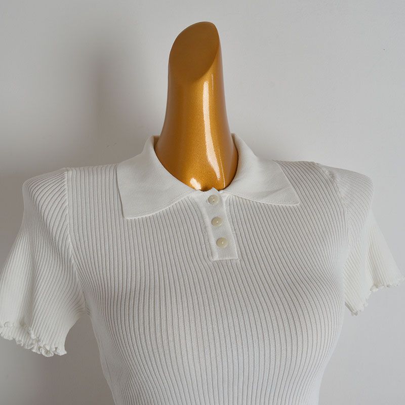 Spring and Summer New Arrival Pure Color Polo Lapel Pullover Knitwear Women's Silm Short Crop Top Stringy Selvedge Short Sleeve T-shirt