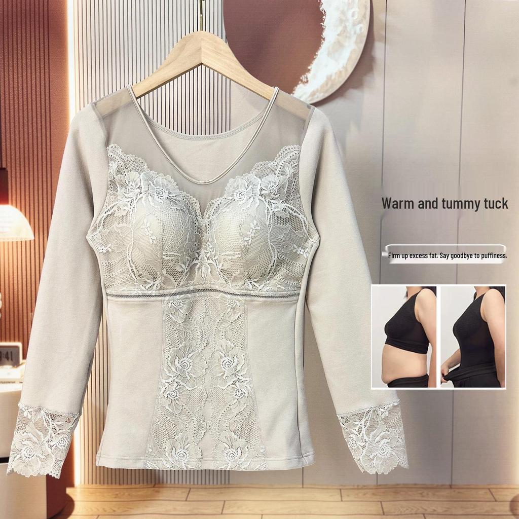 2025 Women's Slim-Fit Lace Long-Sleeve Heat-Generating Brushed Innerwear with Bra Pads