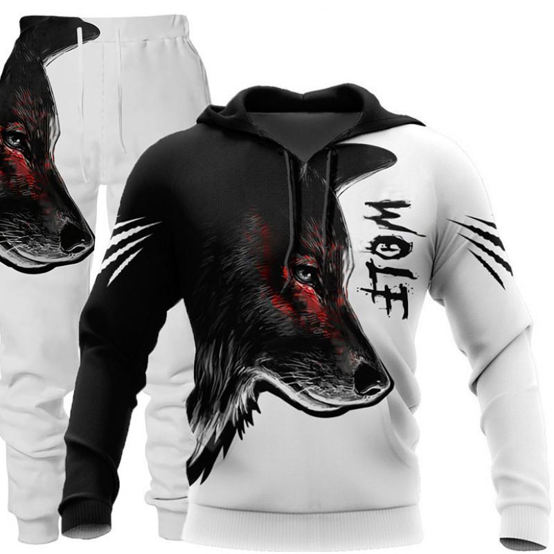 Mens Hooded Sweatshirt Set Wolf 3D Print Long Sleeve Tracksuit Streetwear Casual Fall Winter