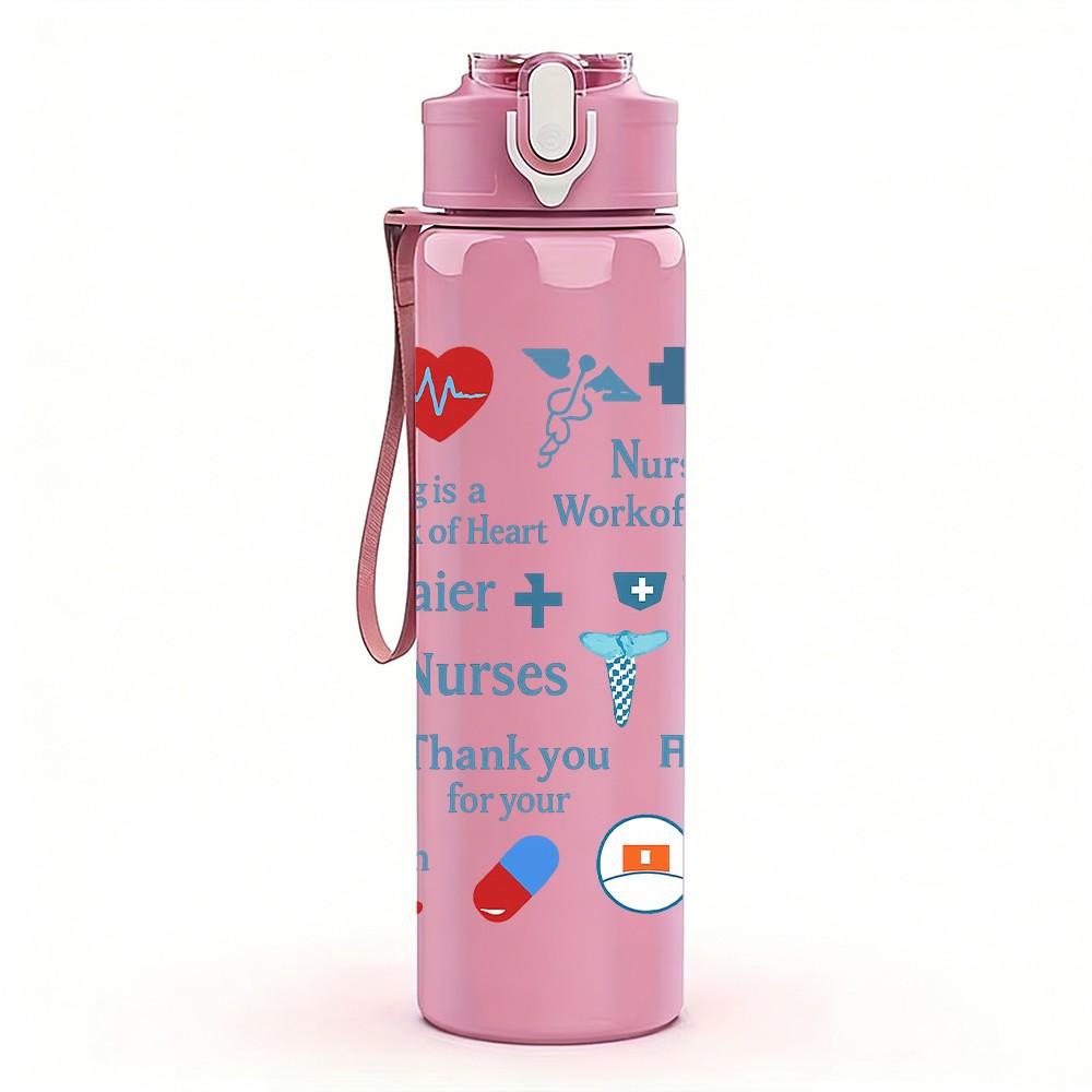 1PC Nurse Quote Heart Pattern 750ml Color Plastic Sports Water Bottle Leakproof Flip Straw Lid Suitable for Sports Office Home Use