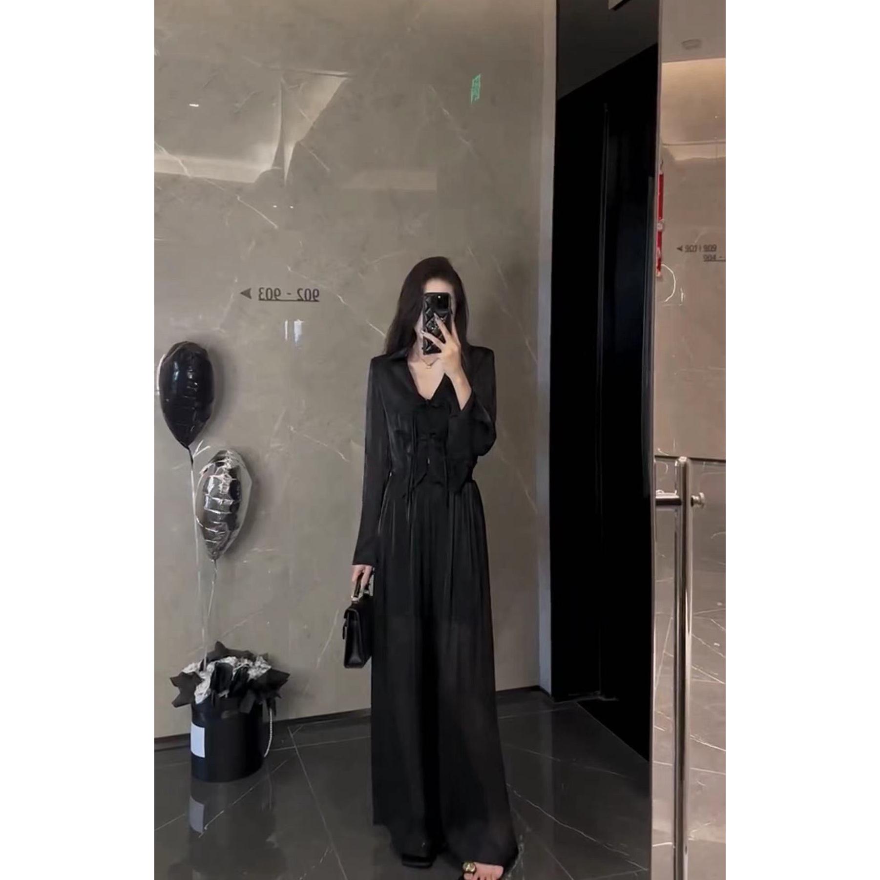 

Women s Frog Button Chiffon Sun Protection Shirt & Drape Wide-Leg Pants Two-Piece Summer Set L (suggested 90-105 jin) чорний