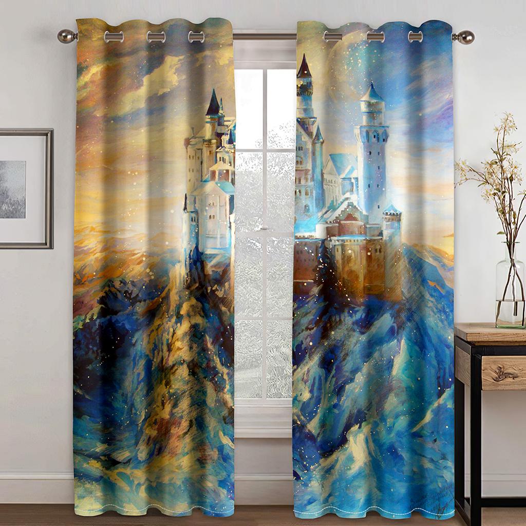 3D Cartoon Dream Castle Curtains Plant Floral Curtains 2PCS Kids Room Girls Room Living Room Bedroom Balcony Study Room Decor