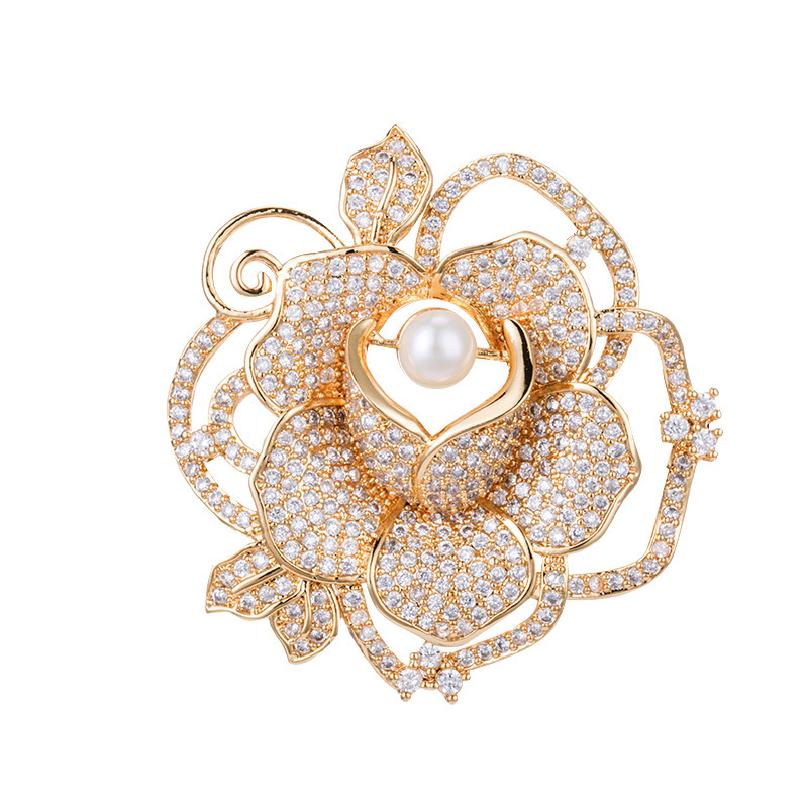 Korean-style luxury zircon-encrusted brooch, rose flower brooch, natural pearl pin brooch