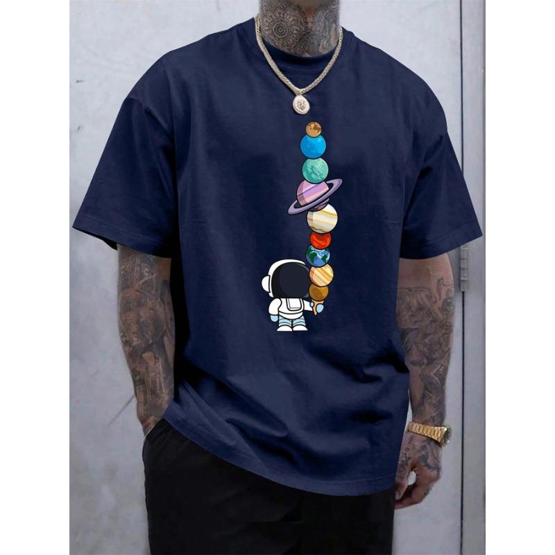 Men's Summer 100% Cotton Fashionable Casual Loose Polyester Astronaut Planet Pattern Printed Round Neck Short Sleeve T-shirt Top