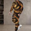 Men Plus Size Black Teal Gold Printed Two Piece Set Round Neck Long Sleeve Top Cuffed Pants