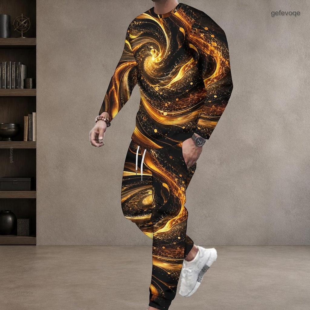 Men Plus Size Black Teal Gold Printed Two Piece Set Round Neck Long Sleeve Top Cuffed Pants