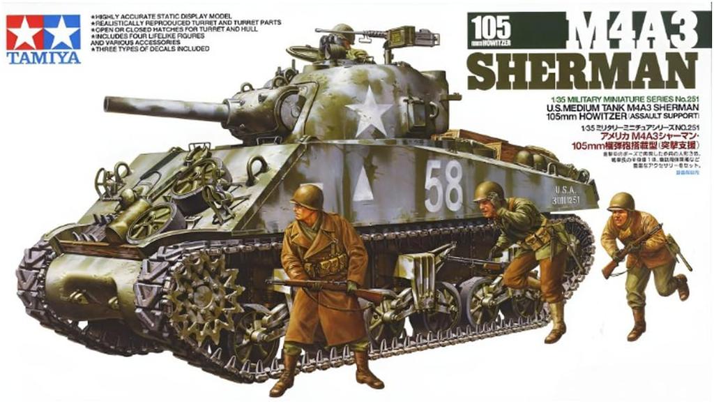 Tamiya Military Miniature Series 251 US Army M4A3 Sherman 105mm Howitzer Type Assault Support Plastic Model Kit 35251 1/35 No.