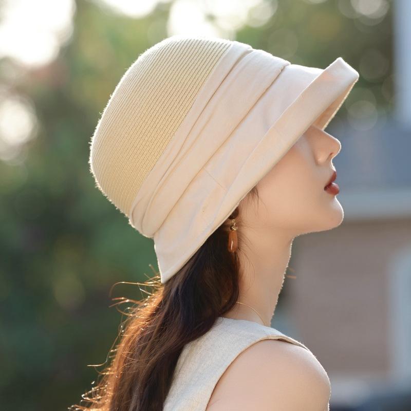 Elegant Straw Splicing Sunshade Bucket Hat Women Travel Beach Straw Hat Outdoor Sun Hat