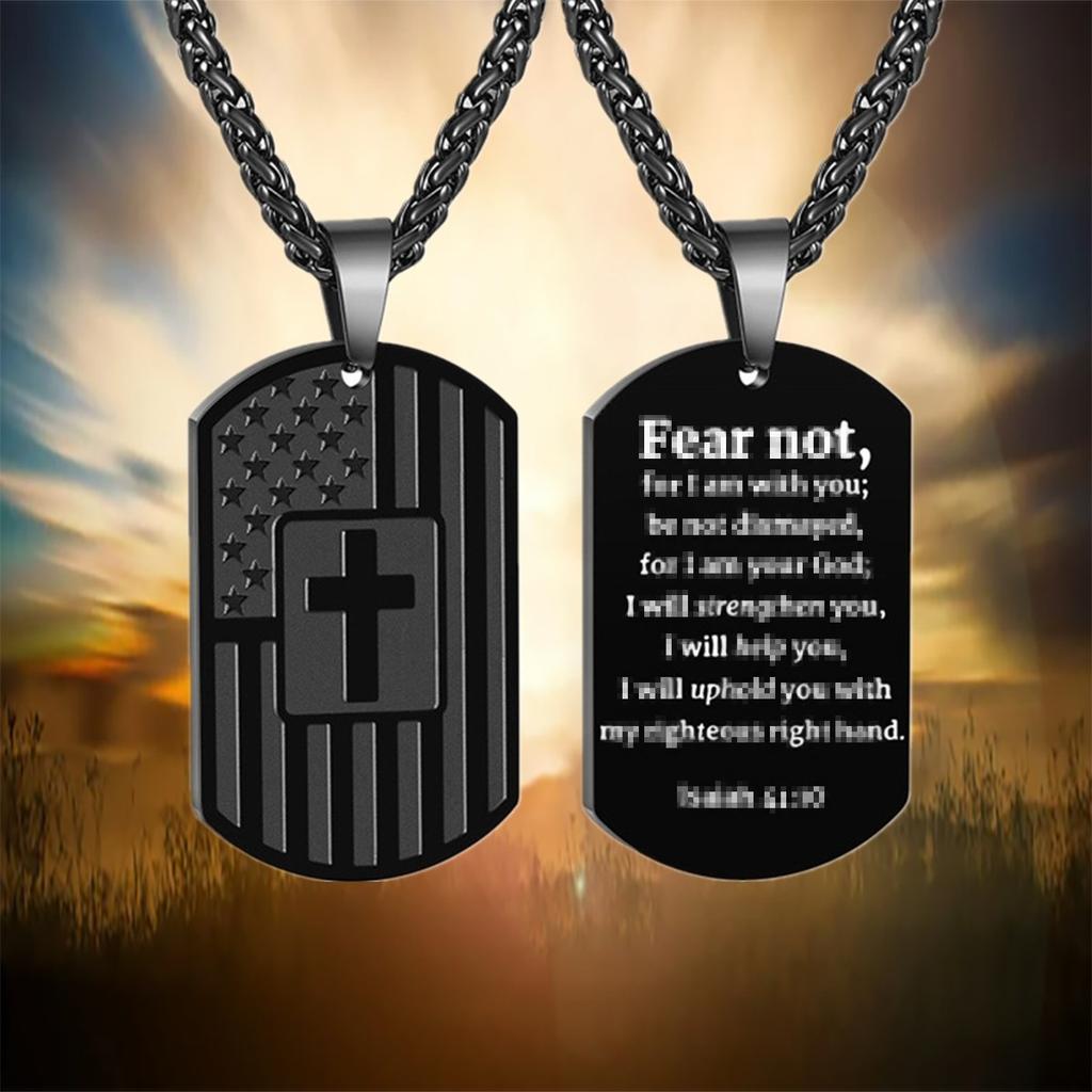 American Flag Stars and Stripes Trendy Fashion Lettering Cross Dog Tag Pendant Necklace