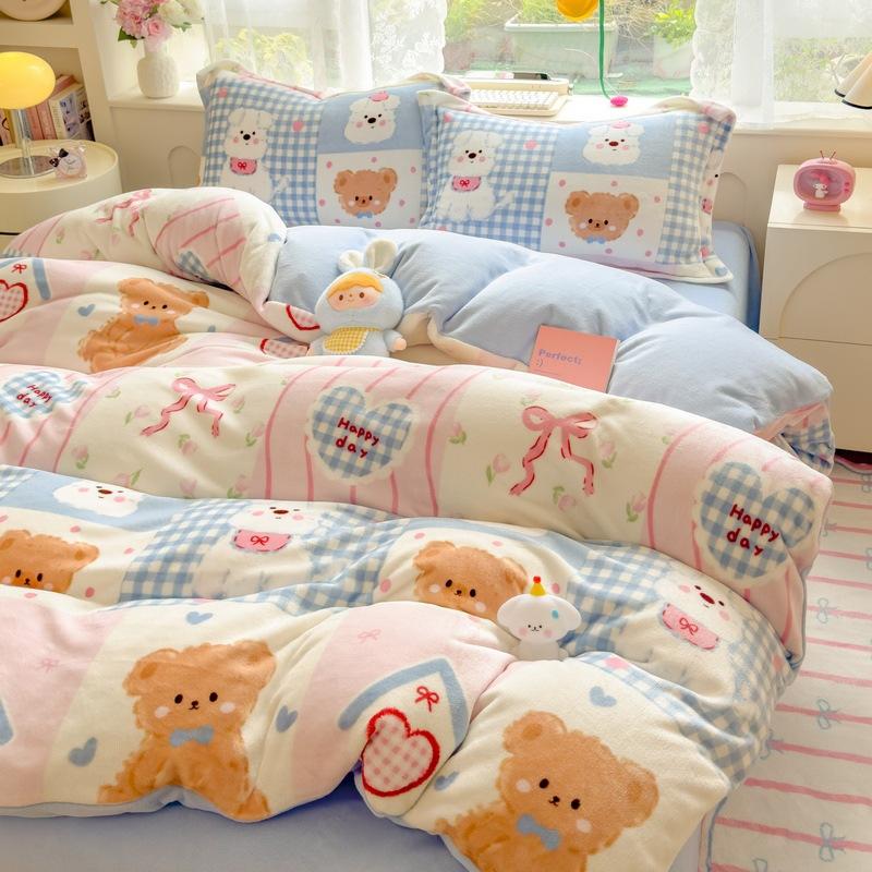 Thickened Milk Fleece Four-Piece Set, Coral Flange Double-Sided Fleece Quilt Cover, Bed Sheet, Bed Hat Three-Piece Set