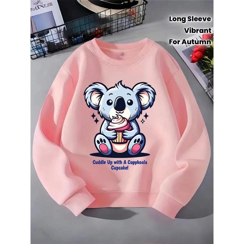 European sizes Kids' Crewneck Sweatshirt - Cute Koala Holding Cupcake with Pink , Sportswear And Casual Wear, Soft And Comfortable