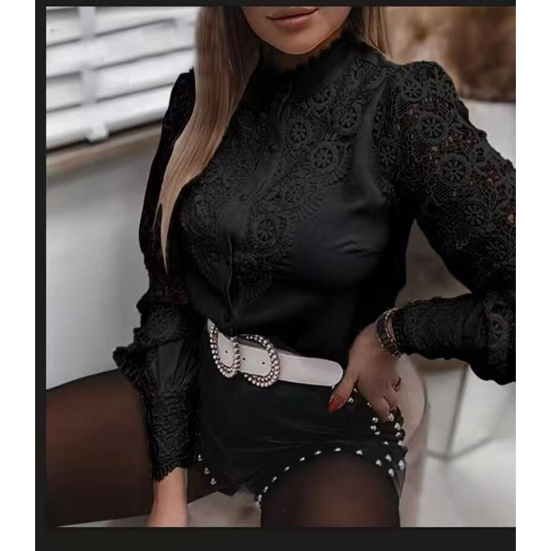 Women S Long Sleeve Lace V Neck Solid Color Blouse