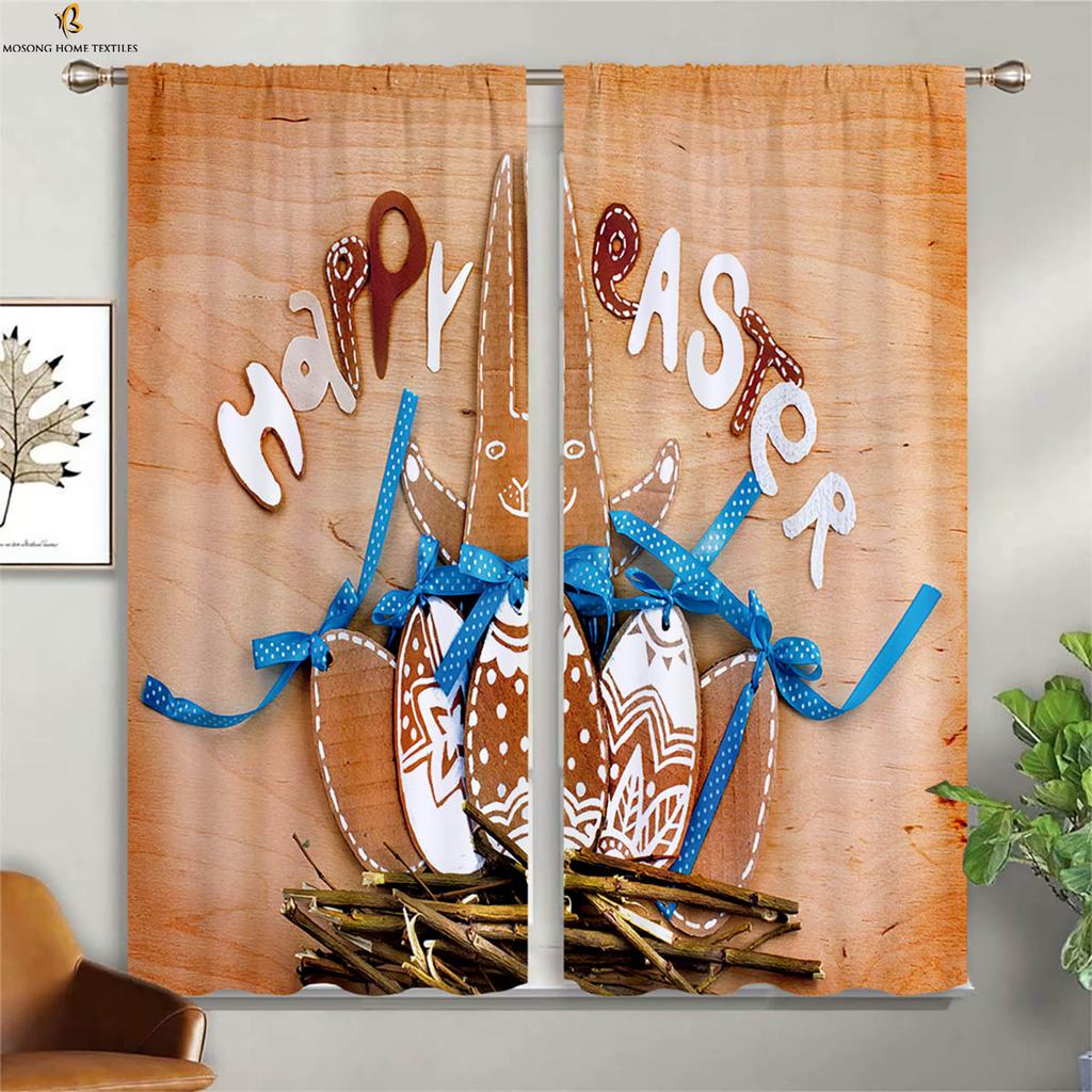 Set Of 2 Cute Cartoon Rabbit Colored Eggs Easter Print Curtain Bedroom Living Room Children Decorative Curtains Made Polyester Great Window Treatment