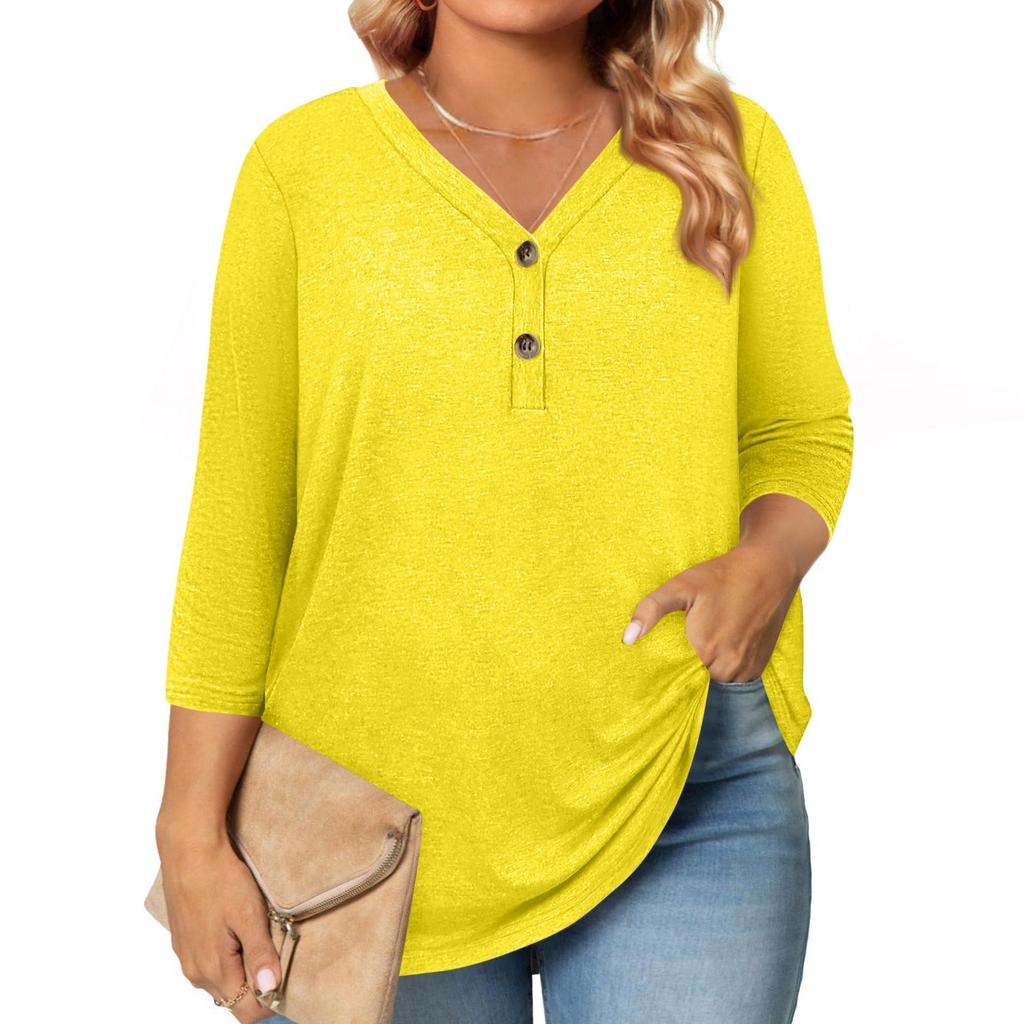 Womens 3/4 Length Sleeve Tops Plus Size Button Down V Neck Shirts Blouses Casual Solid Color Loose