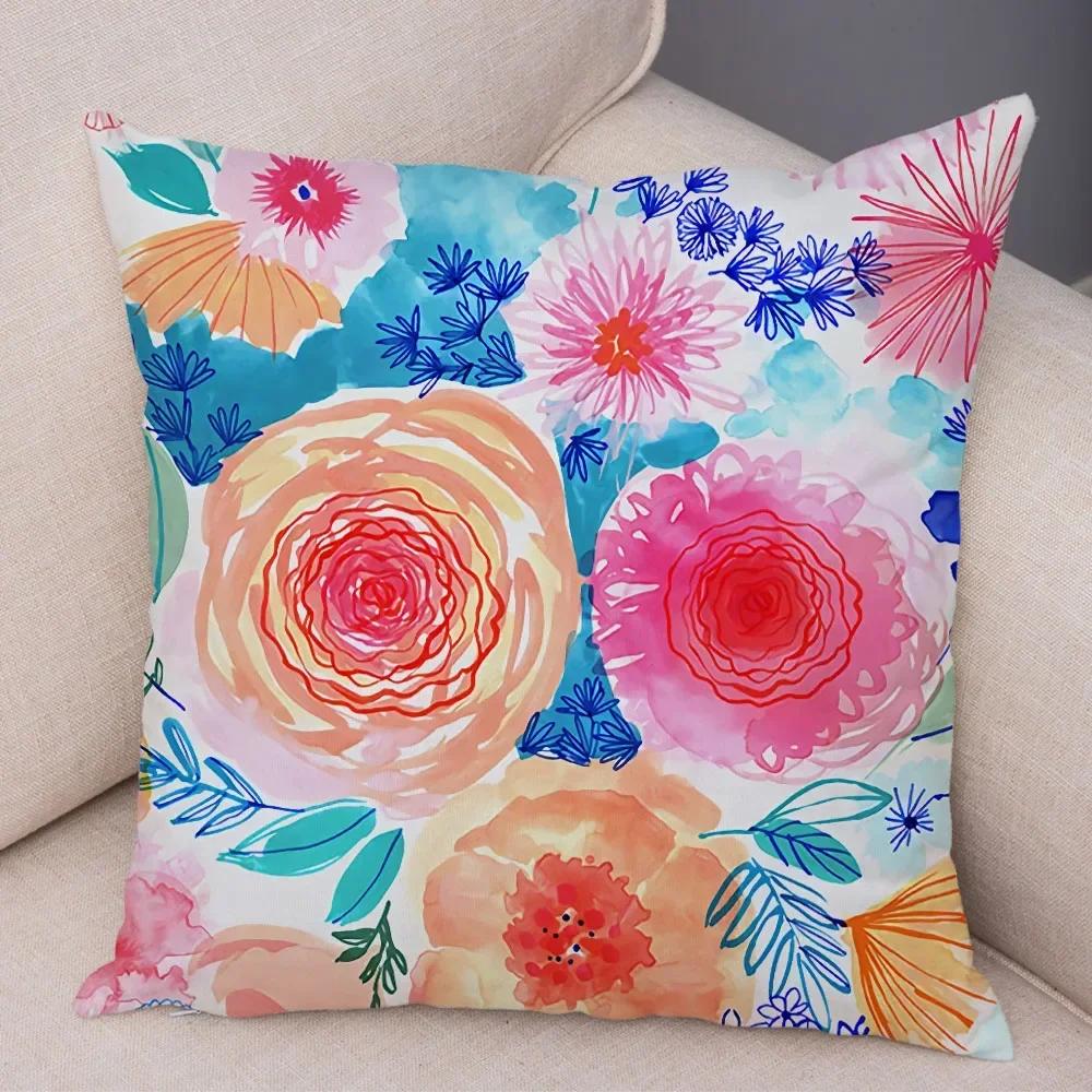Watercolor Flower Leave Pillow Case Decor Colorful Plant Floal Cushion Cover for Sofa Home Car Soft Plush Pillowcase