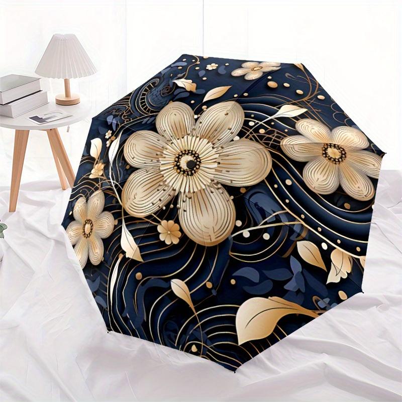 1pc Floral Ornament Automatic Open/close Folding Compact Umbrella, 8-Rib Sturdy Canopy, Lightweight Portable, Everyday Use, Gift, Outdoor Umbrella, Tr