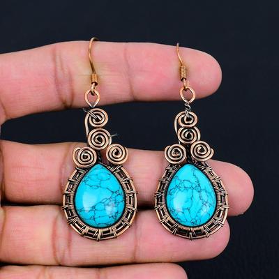 Joias Brincos Artesanais de Fio de Cobre Puro com Pedra Turquesa Para o Dia da Memória