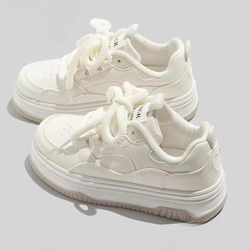 Fashion Round-toe Lace-up Casual White Thick-soled Vulcanized Shoes Seasonal New Comfortable Flat-soled Fashion Sneakers