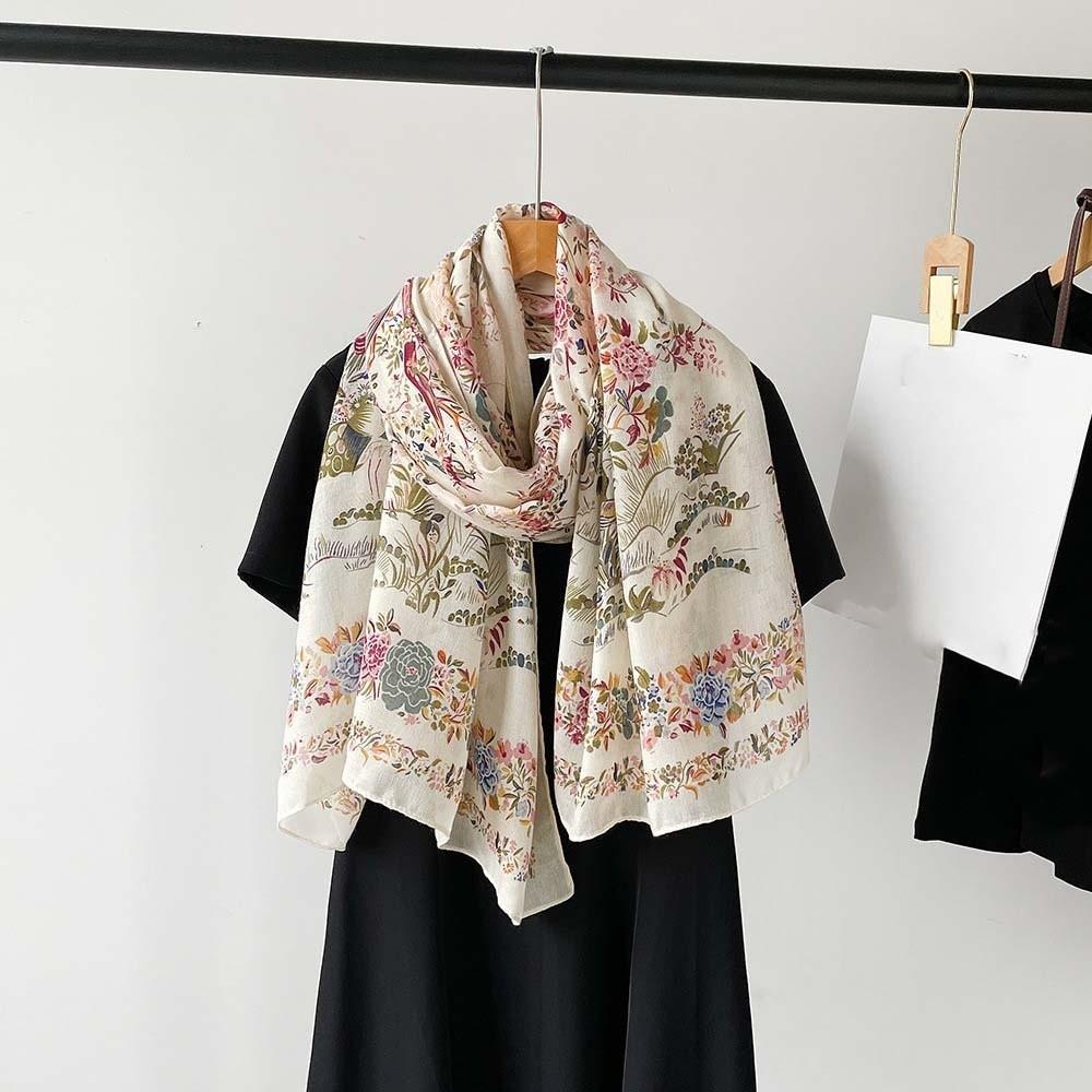 Long Thin Large Shawl Bird Patterned Sunscreen Headscarf Women Floral Scarf  Vacation