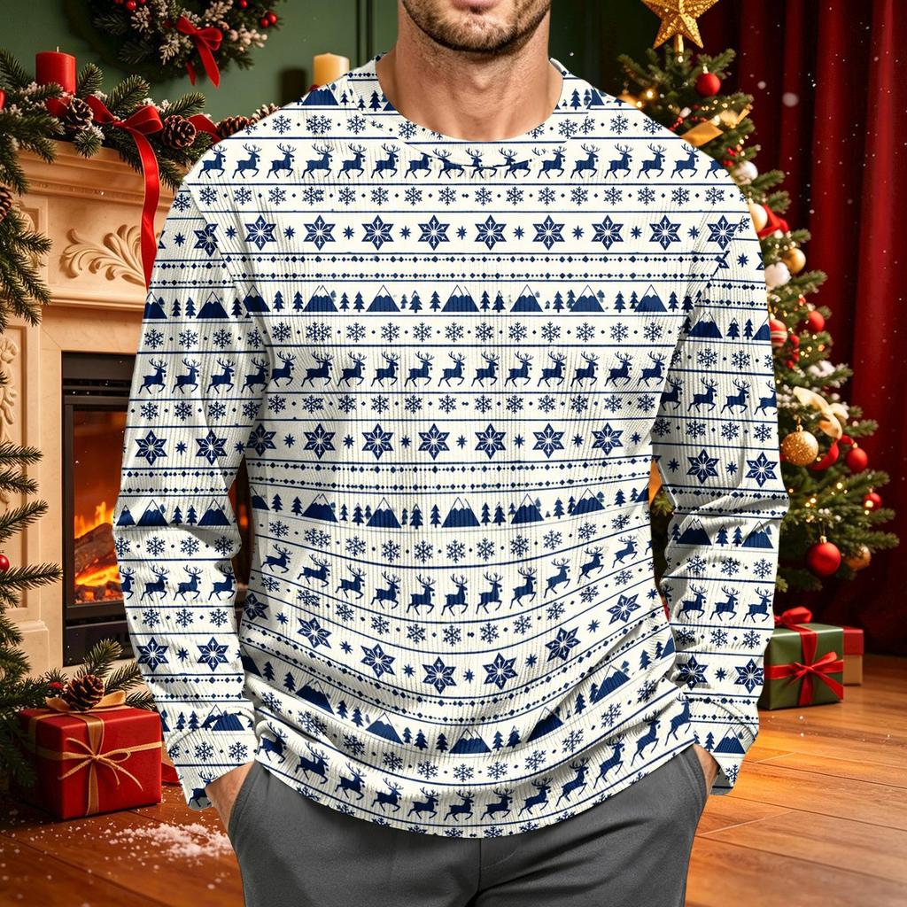 Men's Corduroy Long Sleeve Crewneck Top with Christmas Print for Holiday Casual Wear