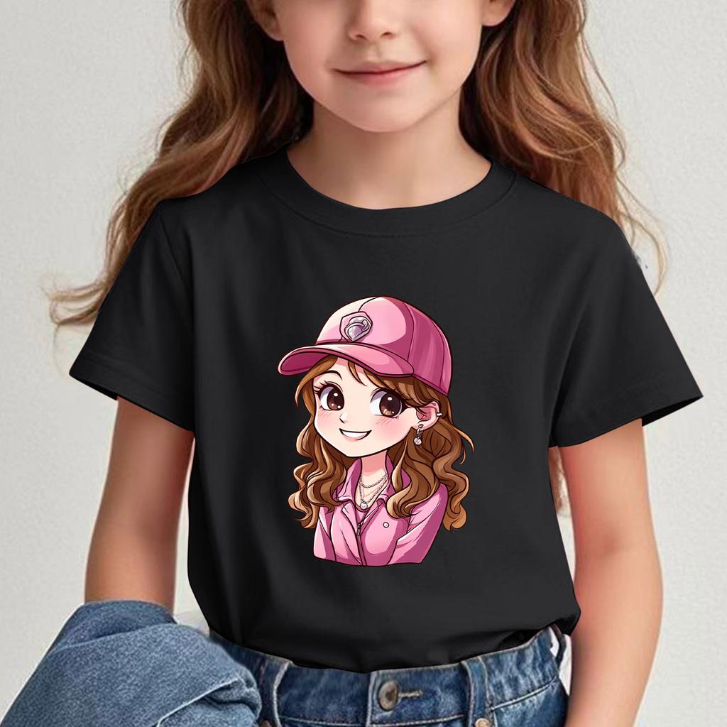 Girls New Cartoon Printed Shortsleeved Tshirt Summer Shortsleeved Tshirt Childrens Round Neck Top  polyester fabric