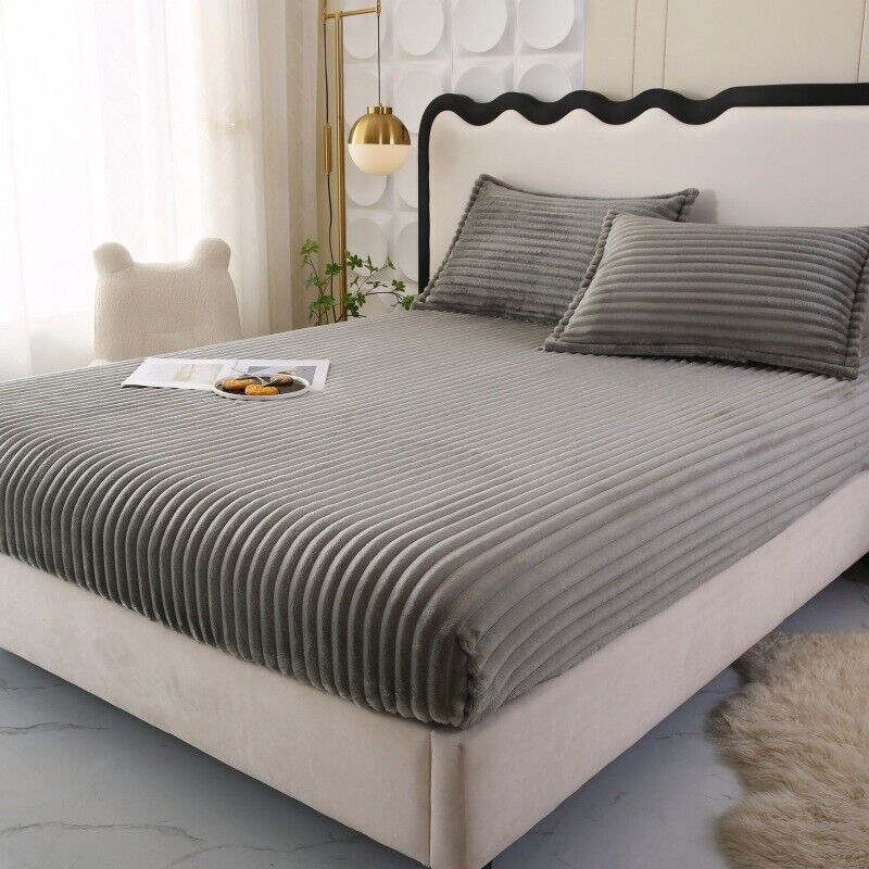 Soft Warm Plush Mattress Protector Cover Milk Velvet Striped Fitted Sheet Bedcover Elastic Warm Bedsheets Bed Protection Pad New 99x190cm