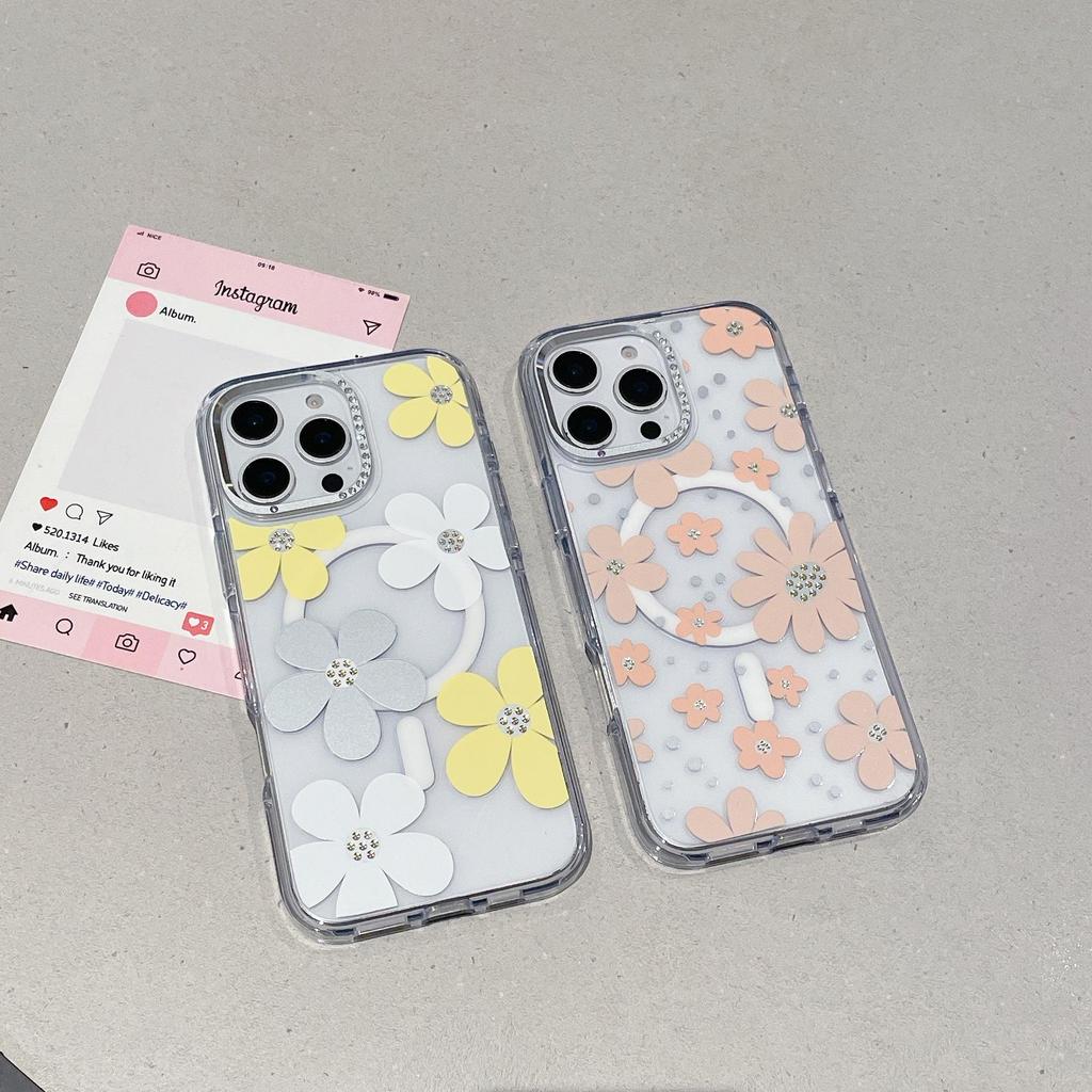 Floral Transparent Magnetic Bow Diamond Lens Case for iPhone 17 Pro Max