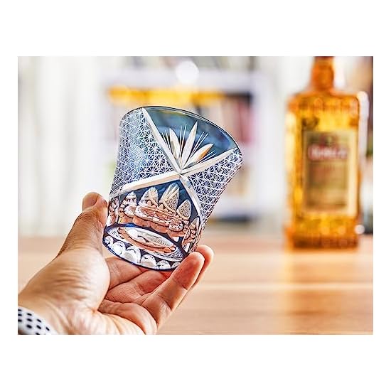 FONYUHUA Kiriko Glass Tumbler Rock Glass, Kikutsunagi Pattern, 260cc, 1 Piece, Blue
