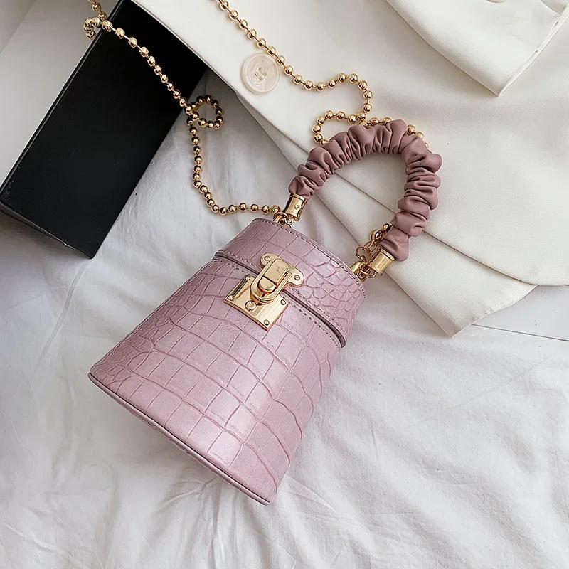 Dámská řetízková crossbody kabelka Korejská móda Kosmetická taška Kamenný vzor Kbelíková kabelka Monochromatická ležérní peněženka