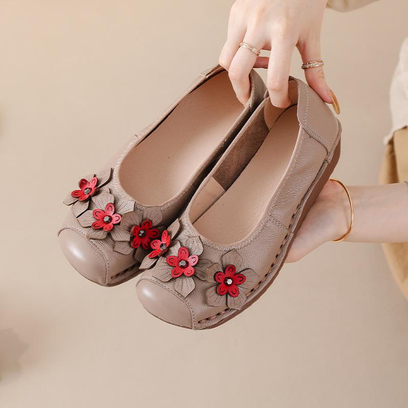 Shallow Single Shoes, Genuine Leather Women's Shoes, Shoe Flowers, One Pedal, Doudou Round Head Thick Sole, Spring and Autumn