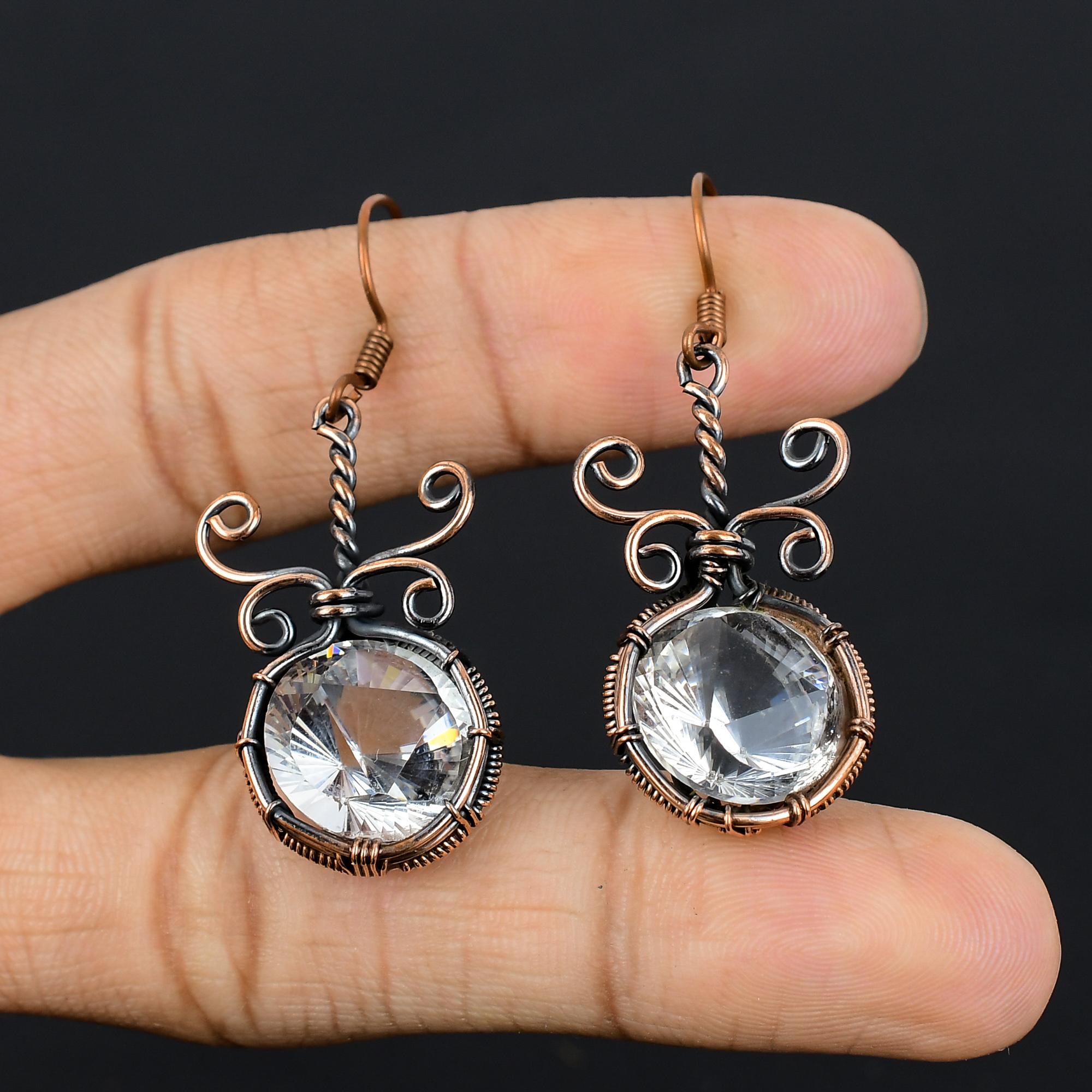 

Серьги с белым топазом, обернутые медной проволокой 999 пробы, серьги с драгоценными камнями ручной работы ко Дню памяти 2.55 Inches