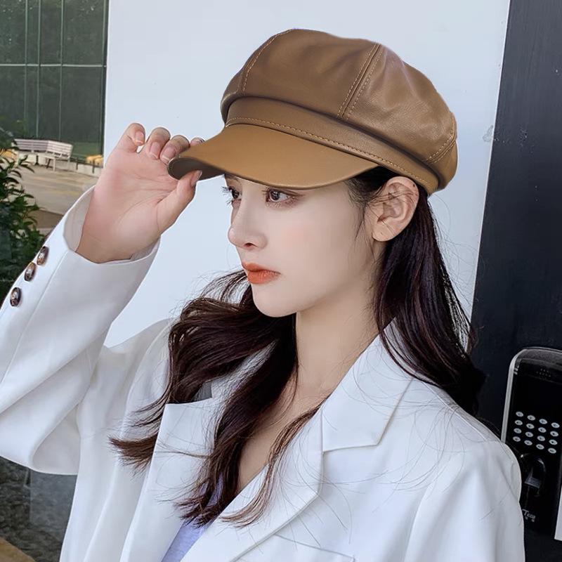Damen Baskenmütze im koreanischen Stil aus PU-Leder: Achteckige Kappe für einen schlankeren Look, trendige Entenschnabel-Malermütze für den Frühling