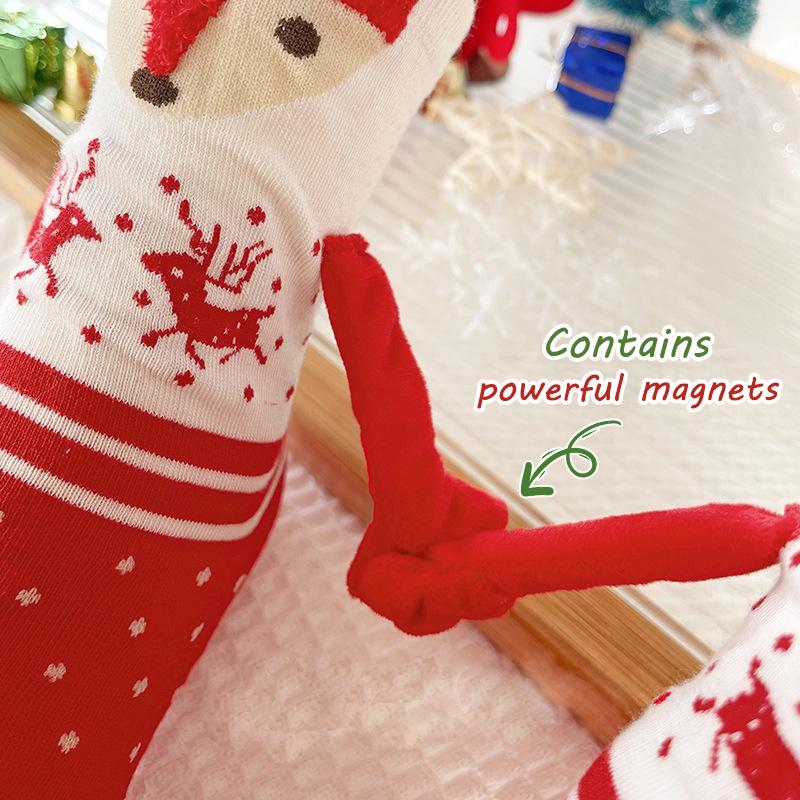 New Year Cartoon Christmas Magnetic Hand-Holding Socks Funny Elk Snowman Santa Socks Woman  Socks Kids Christmas Gift Socks