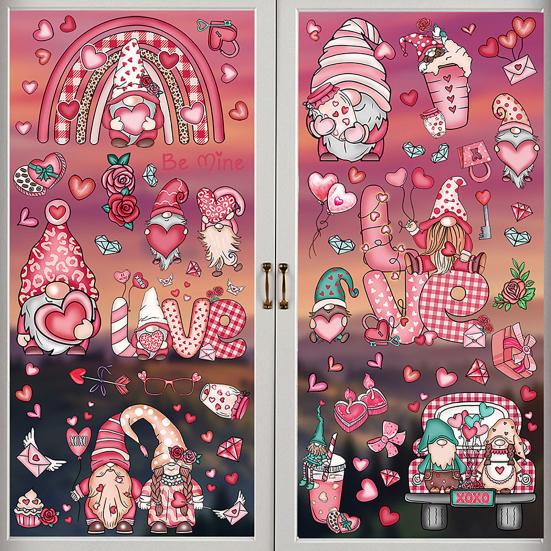 71Pcs/Set Valentine's Day Window Cling Waterproof PVC Cartoon Gnome Love Heart