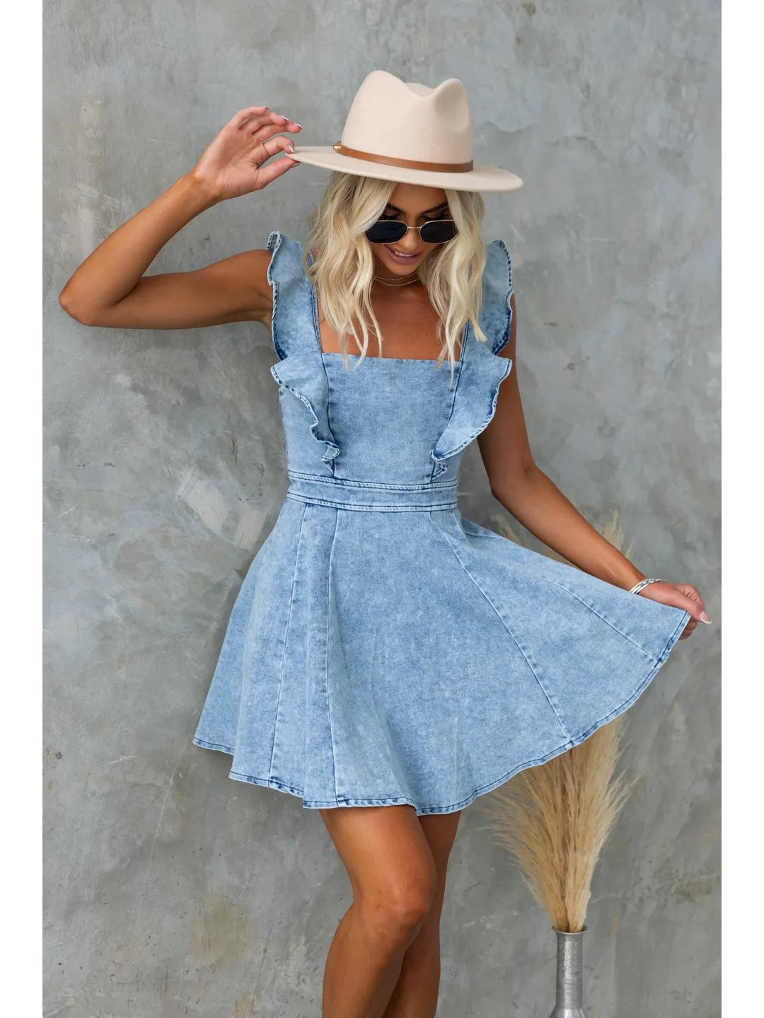 

Женское джинсовое платье с рукавами-крылышками к 25-летию - Летняя мода Extra Large светло-синий